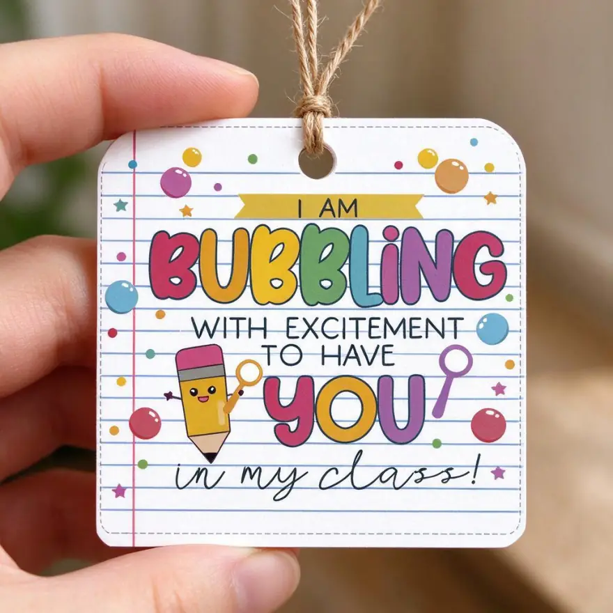 Close-up of a single printed piece from Bubbling with Excitement Gift Tag, showing the line weight and trim detail to check before printing