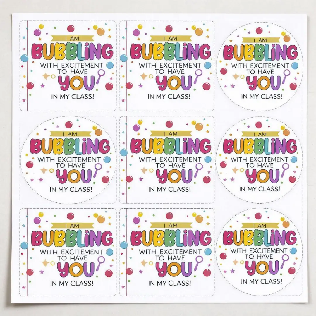 Straight-on view of the full uncut Bubbling with Excitement Gift Tag sheet, every printed piece and the cut margin visible