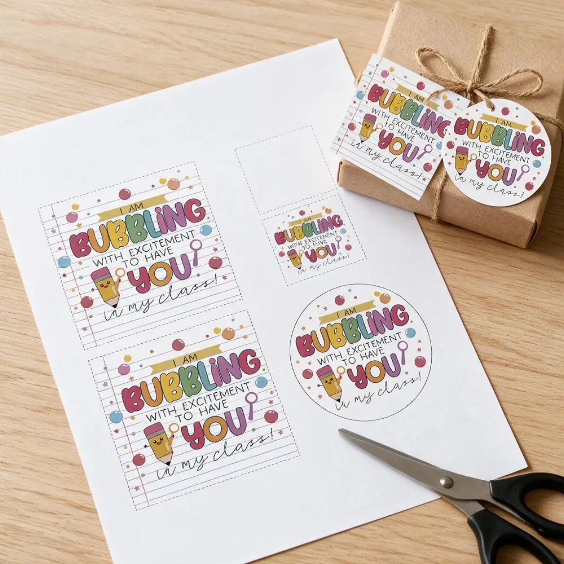 Example artwork for Bubbling with Excitement Gift Tag: a photograph of the printed sheet on a desk, cut and in use, made with Gift Tag Maker