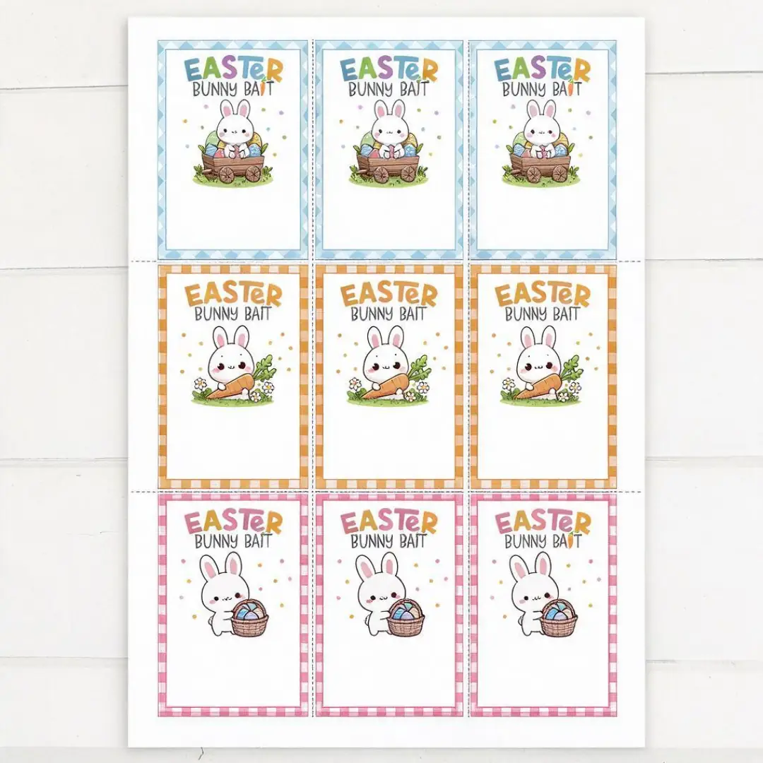 Straight-on view of the full uncut Easter Bunny Bait Tags sheet, every printed piece and the cut margin visible