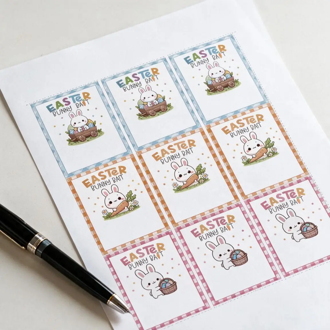 Example artwork for Easter Bunny Bait Tags: a photograph of the printed sheet on a desk, cut and in use, made with Certificate and Sign Maker