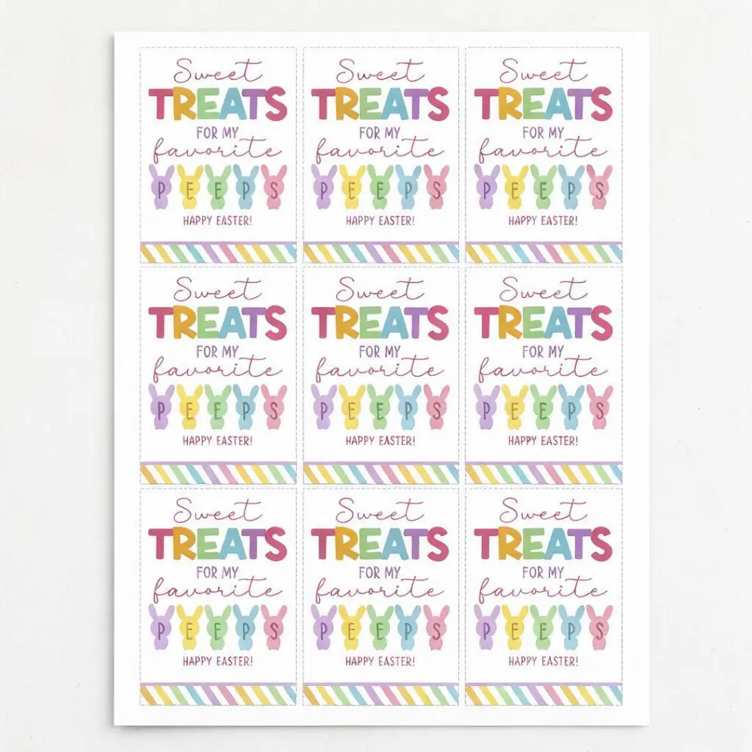 Straight-on view of the full uncut Easter Peeps Treat Tags sheet, every printed piece and the cut margin visible