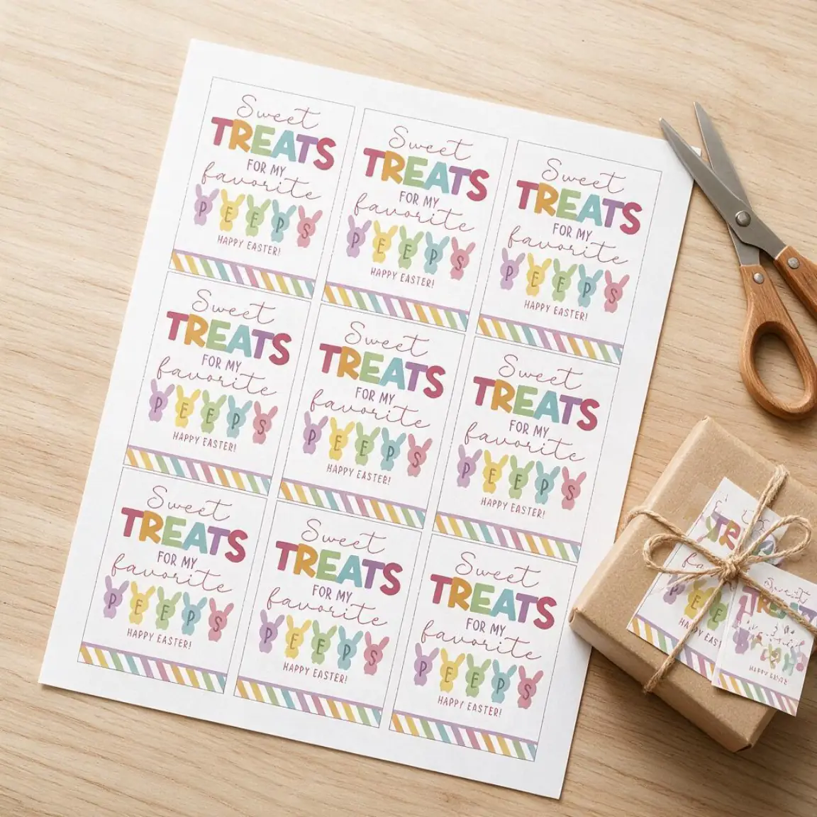 Example artwork for Easter Peeps Treat Tags: a photograph of the printed sheet on a desk, cut and in use, made with Gift Tag Maker