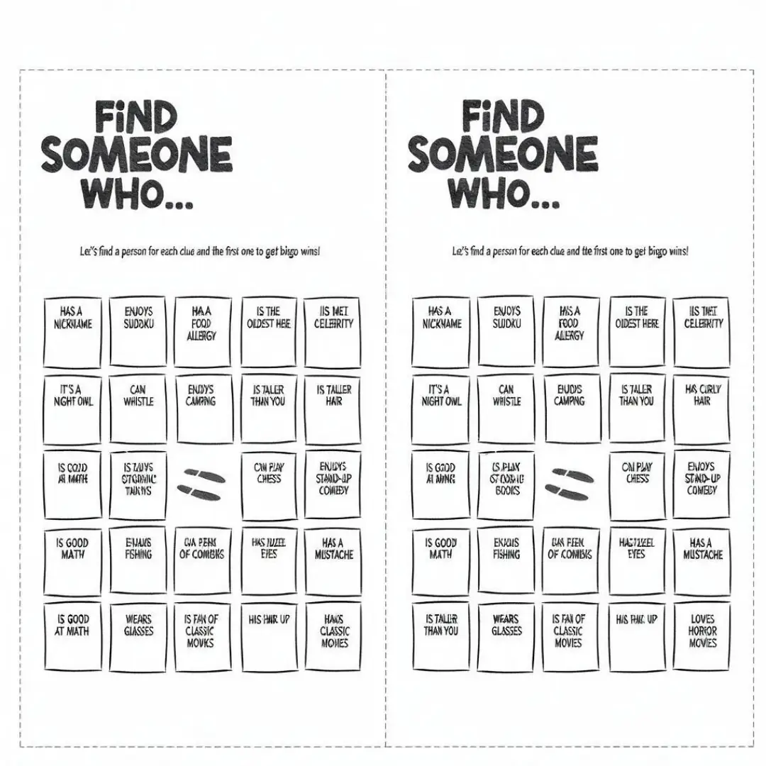 Straight-on view of the full uncut Get to Know you Bingo Icebreaker sheet, every printed piece and the cut margin visible