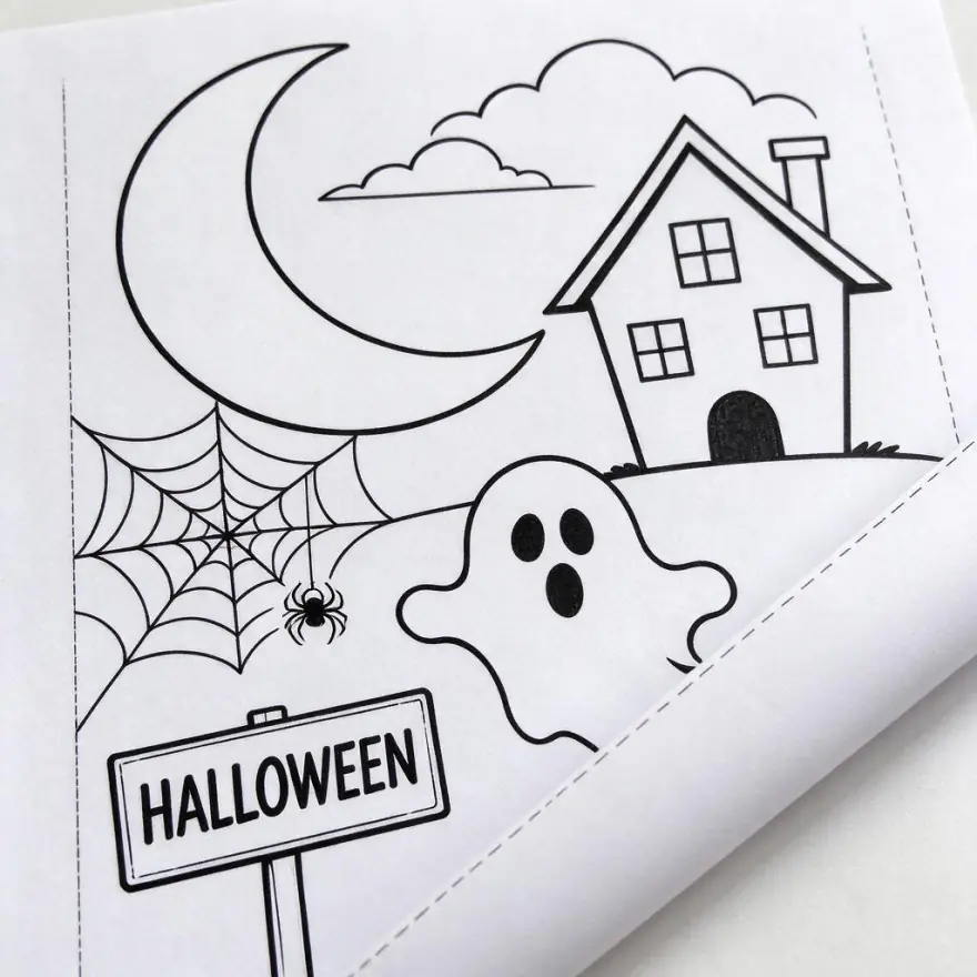 Primer plano de una pieza impresa de Páginas para colorear de Halloween, donde se ve el grosor de la línea y el detalle de corte antes de imprimir