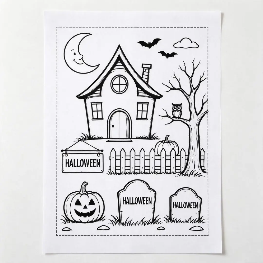Vista frontal de la hoja completa sin recortar de Páginas para colorear de Halloween, con todas las piezas y el margen de corte visibles