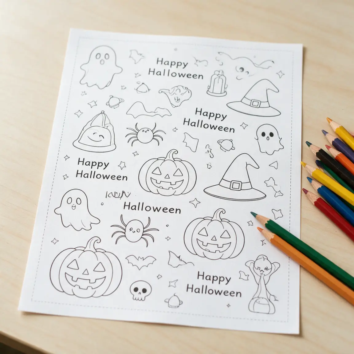 Ejemplo de Páginas para colorear de Halloween: una fotografía de la hoja impresa sobre una mesa, lista para recortar y usar, creada con Creador de Páginas para Colorear