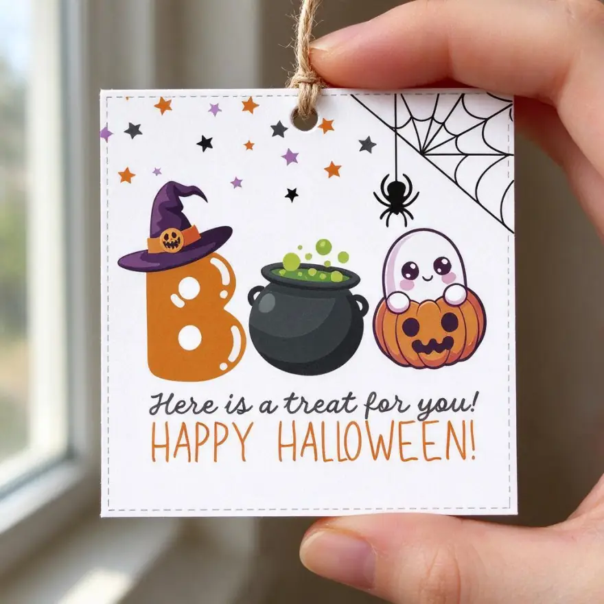 Close-up of a single printed piece from Boo Here is a Treat Tags, showing the line weight and trim detail to check before printing