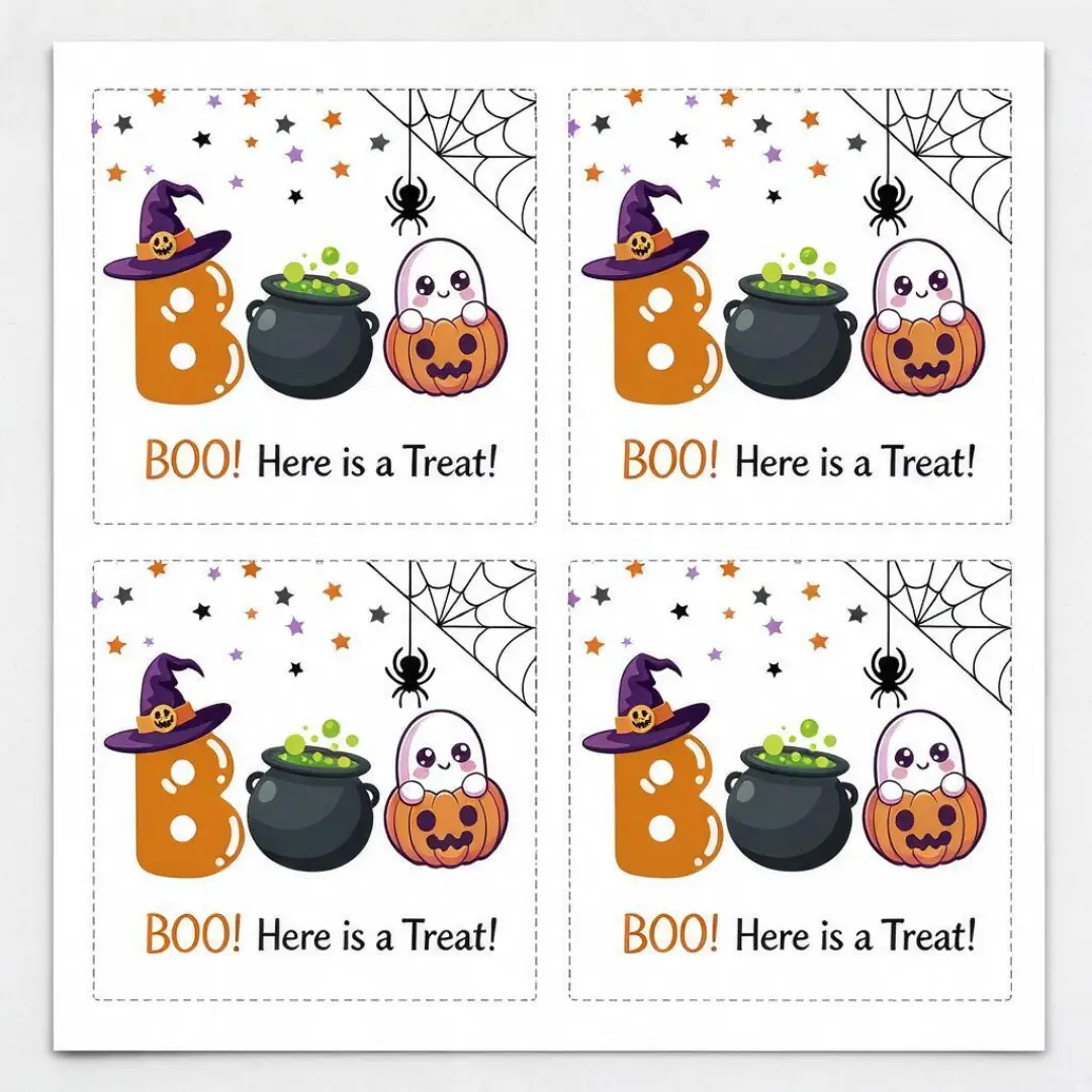 Straight-on view of the full uncut Boo Here is a Treat Tags sheet, every printed piece and the cut margin visible