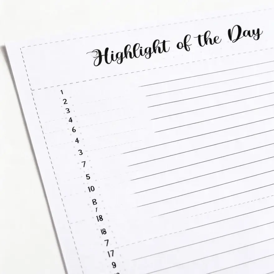 Close-up of a single printed piece from Highlight of the Day Journal Page, showing the line weight and trim detail to check before printing