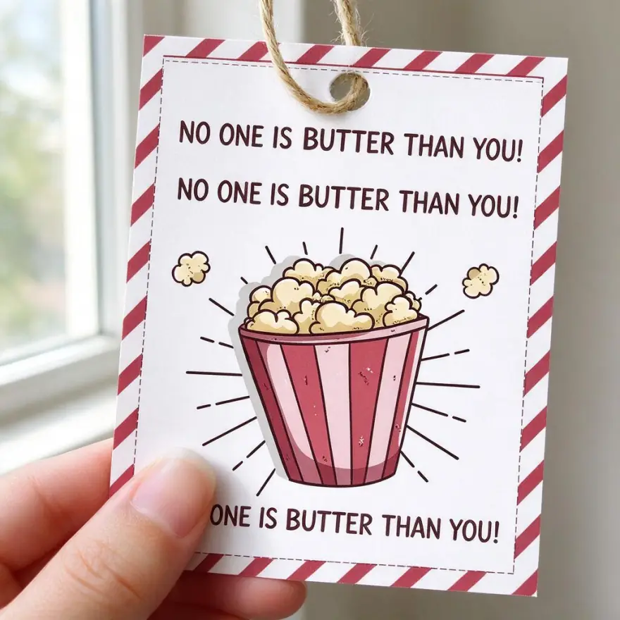Close-up of a single printed piece from Popcorn Appreciation Favor Tags, showing the line weight and trim detail to check before printing