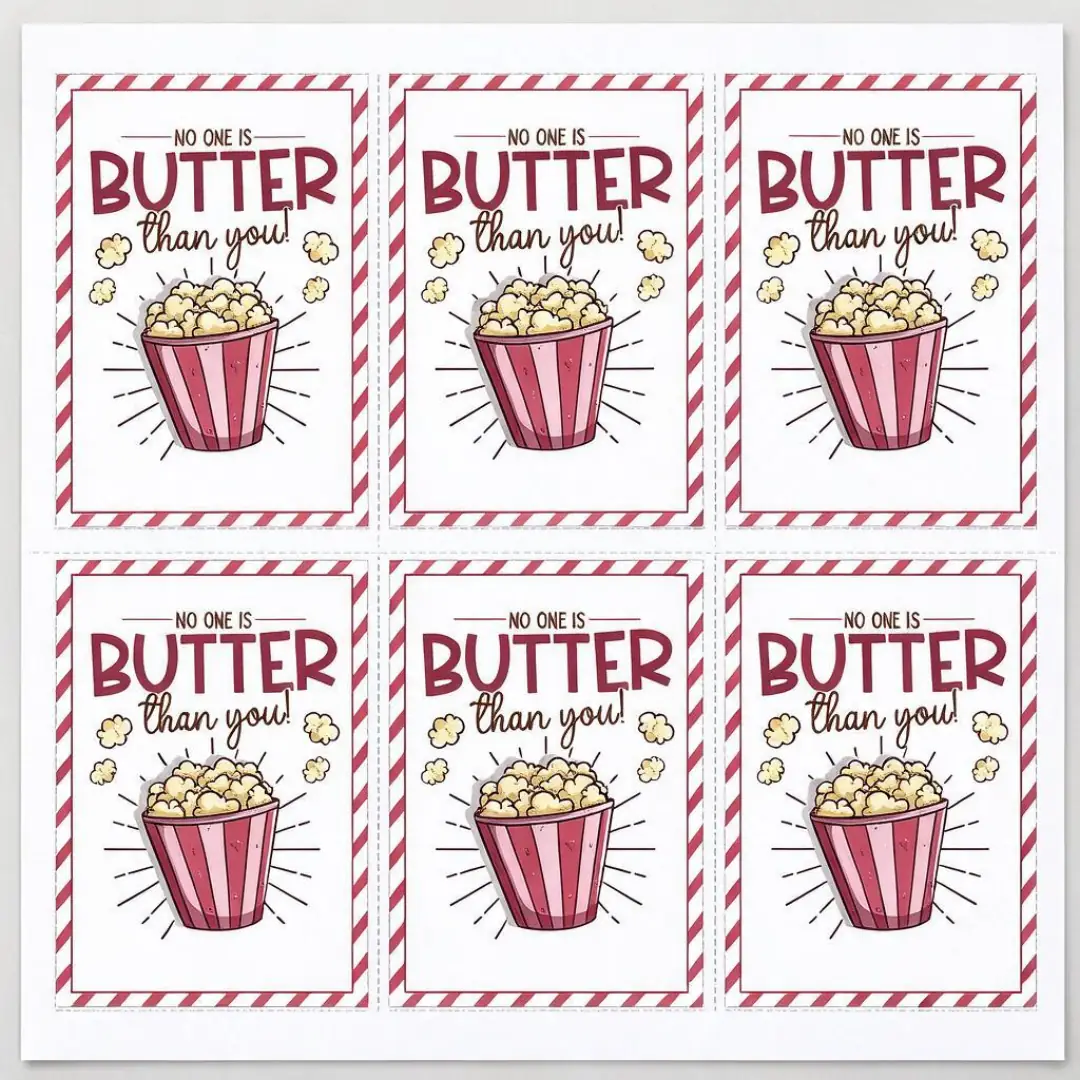 Straight-on view of the full uncut Popcorn Appreciation Favor Tags sheet, every printed piece and the cut margin visible