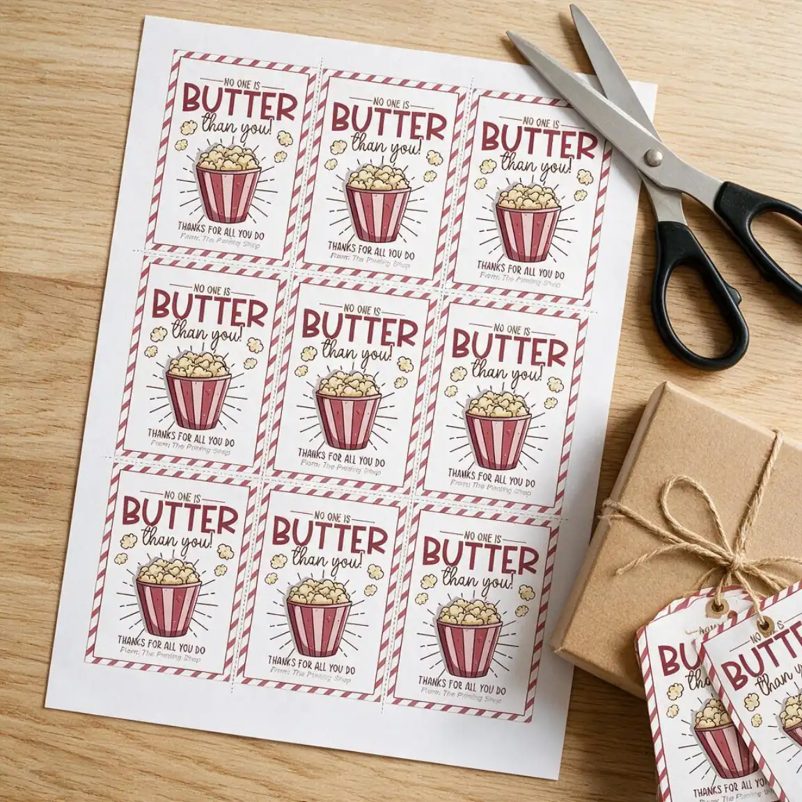 Example artwork for Popcorn Appreciation Favor Tags: a photograph of the printed sheet on a desk, cut and in use, made with Gift Tag Maker