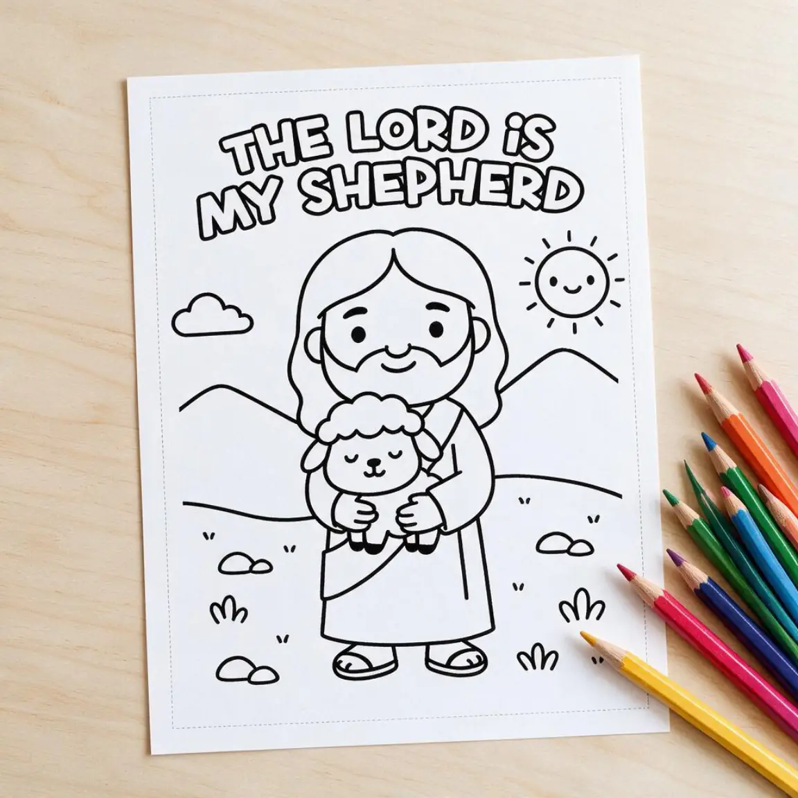 Ejemplo de Página para colorear El Señor es mi pastor: una fotografía de la hoja impresa sobre una mesa, lista para recortar y usar, creada con Creador de Páginas para Colorear